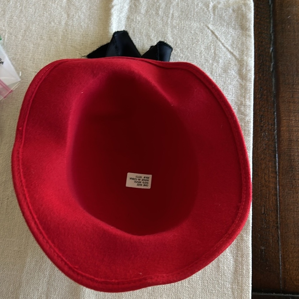 Vintage Red 100% Wool Wide Brim Hat with Black Satin Bow – One Size - Picture 5 of 6